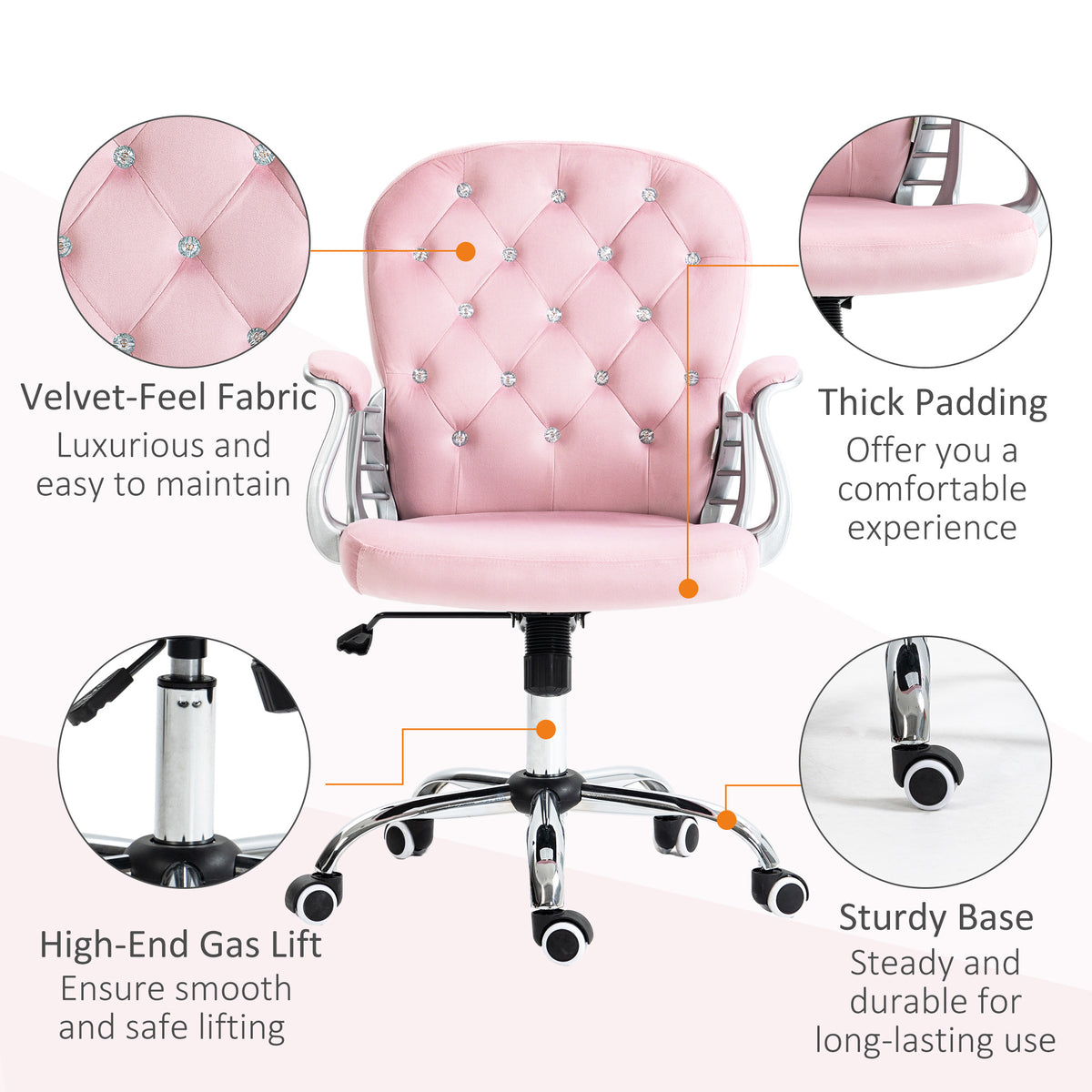 Vinsetto Velvet Home Office Chair, Button Tufted Desk Chair With Padded Armrests, Adjustable Height And Swivel Wheels, Pink Pink Polyester