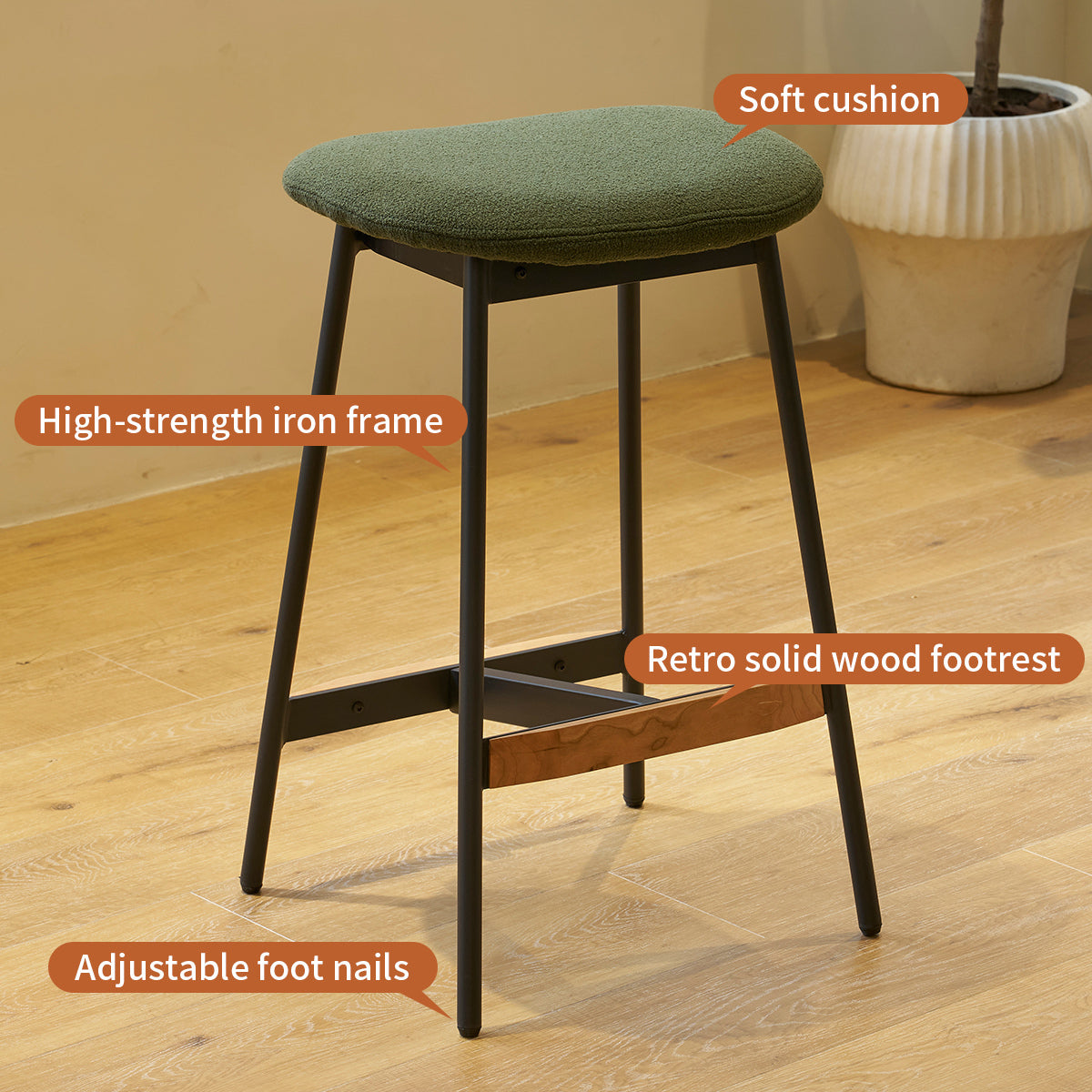 Modern Set Of 2 Bar Stools Comfortable & Stylish Counter Height And Bar Height Bar Stools,Soft Fabric Upholstered, Backless For Kitchen, Dining Room Bar Chairs Green Metal