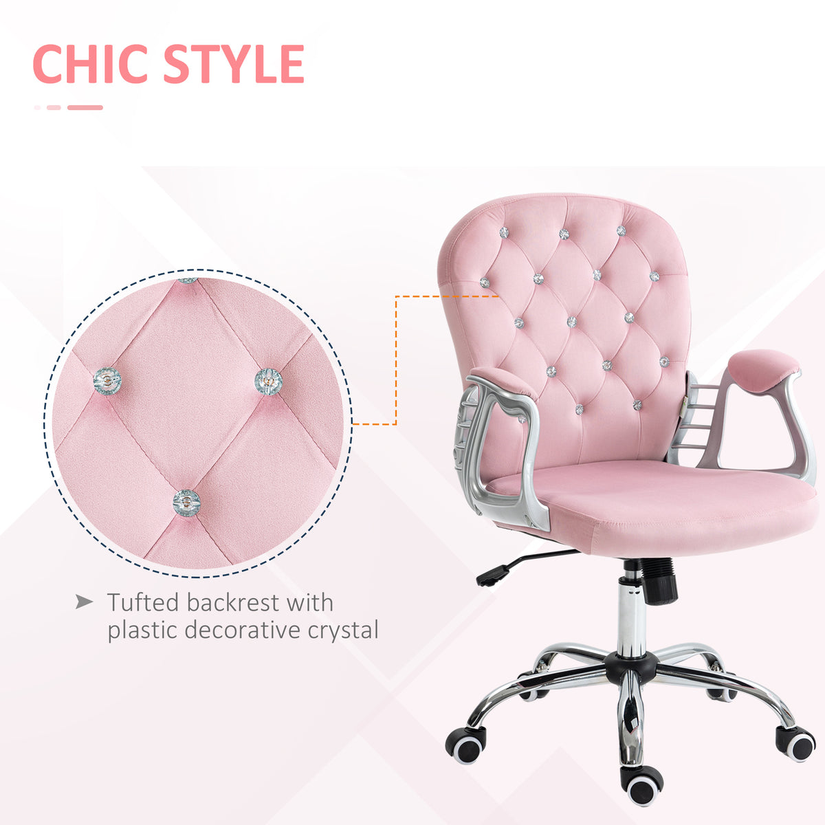 Vinsetto Velvet Home Office Chair, Button Tufted Desk Chair With Padded Armrests, Adjustable Height And Swivel Wheels, Pink Pink Polyester