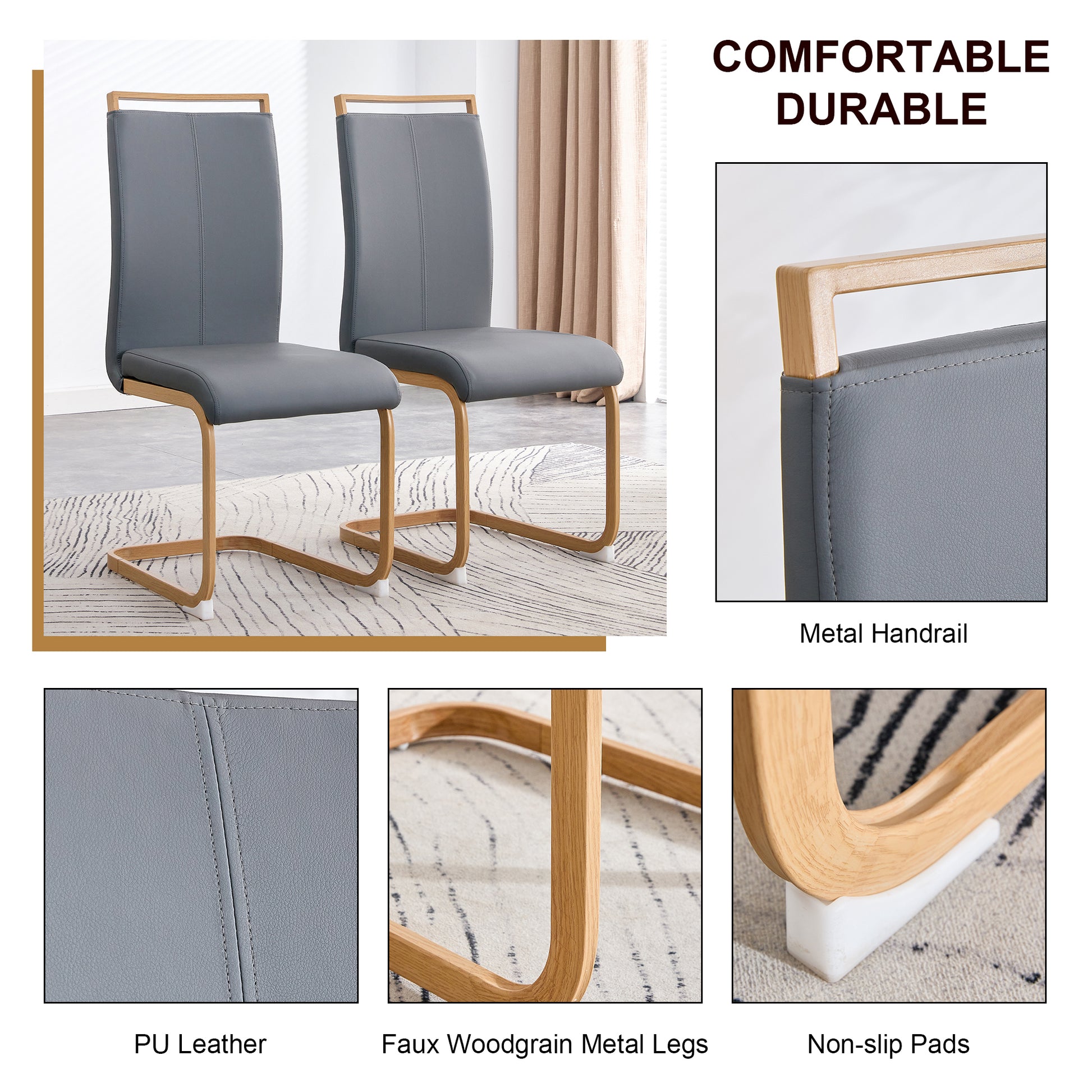 A Table With Four Chairs. Glass Dining Table With 0.39 "Tempered Glass Tabletop And Wooden Metal Legs. Pu Leather High Backrest Cushioned Side Chair With C Shaped Chrome Metal Legs. Transparent Glass