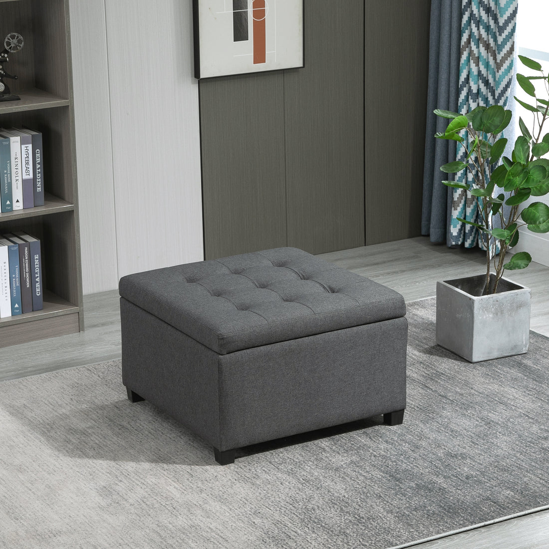 Homcom Fabric Tufted Storage Ottoman With Flip Top Seat Lid, Metal Hinge And Stable Eucalyptus Wood Frame For Living Room, Entryway, Or Bedroom, Grey Gray Plastic