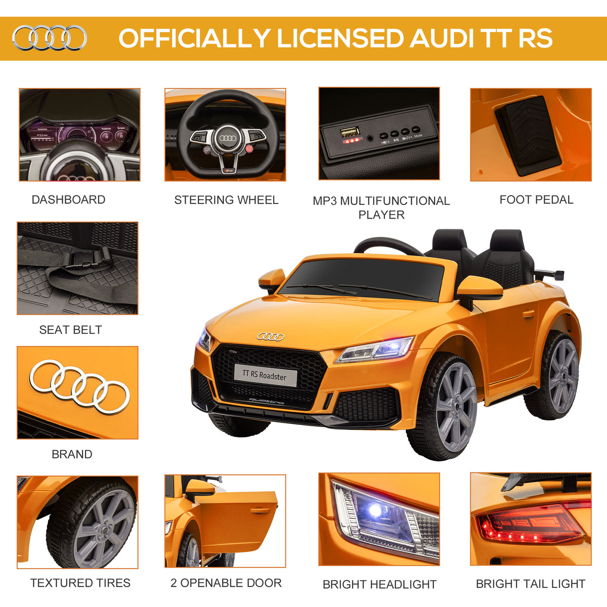 Aosom 6V Kids Electric Ride On Car, Licensed Audi Tt Rs With Suspension System And Remote Control, Horn, 5 Songs, Lights, Mp3 Player Yellow Yellow Steel