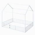 Full Size Metal House Bed With Fence And Door, White White Metal