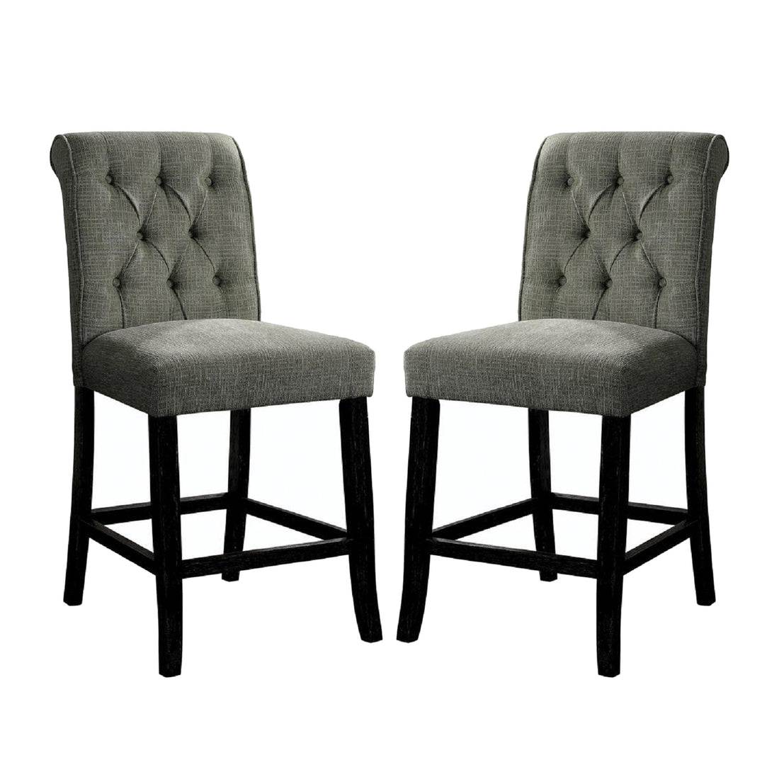 Set Of 2 Fabric Upholstered Dining Chairs In Antique Black And Gray Solid Antique Black Dining Room Wood Fabric