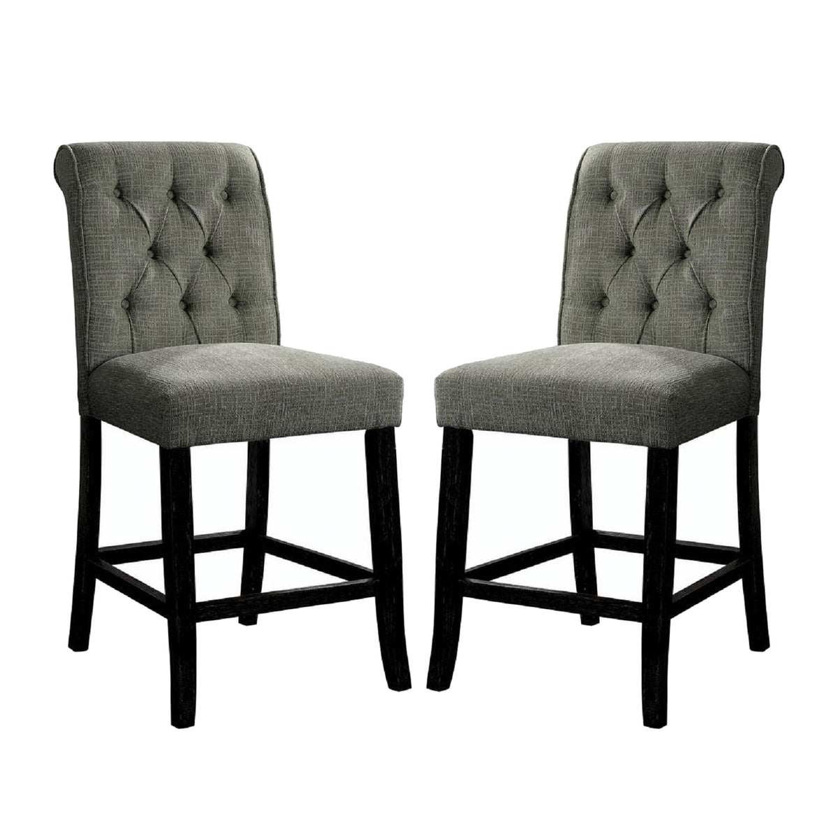 Set Of 2 Fabric Upholstered Dining Chairs In Antique Black And Gray Solid Antique Black Dining Room Wood Fabric