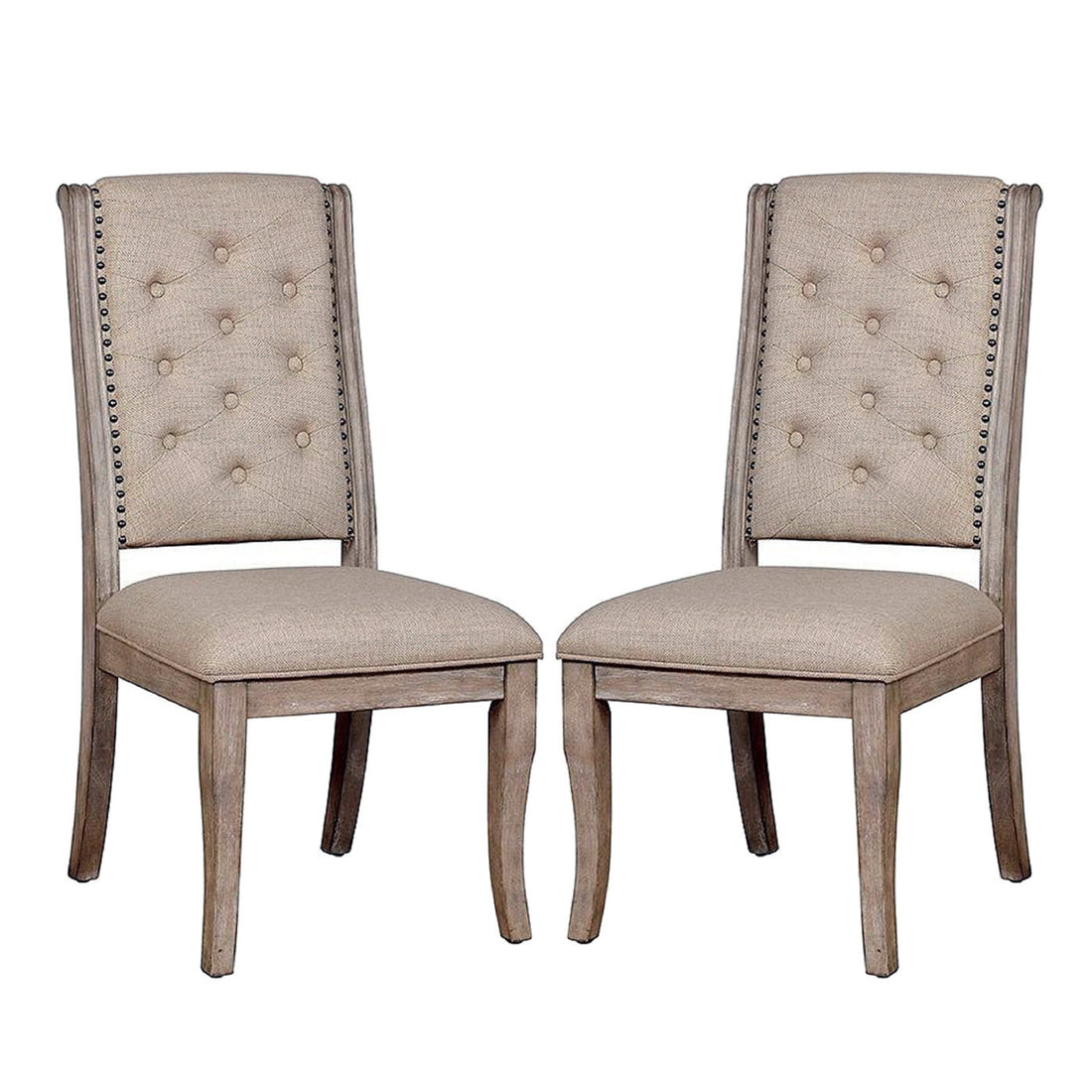Set Of 2 Beige Upholstered Side Chairs In Rustic Natural Tone Solid Natural Dining Room Dining Chairs Tufted Back Wood Fabric