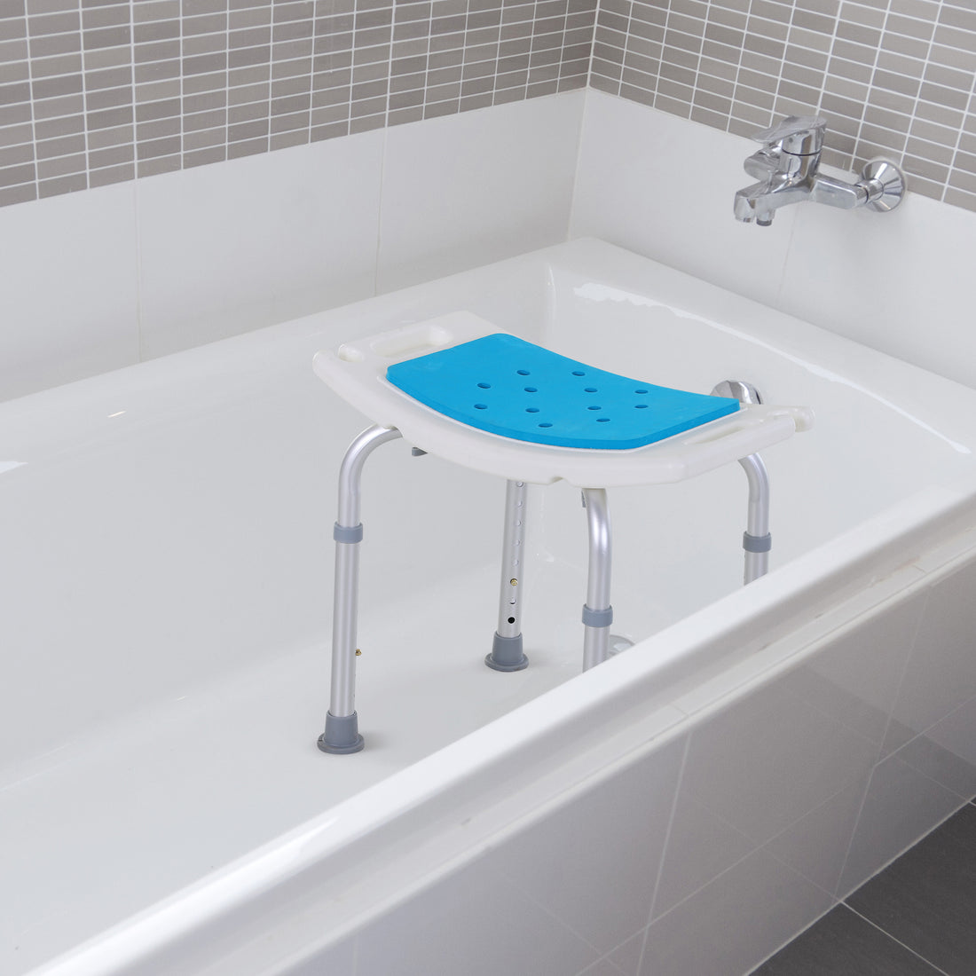 Homcom 6 Level Adjustable Curved Bath Stool Spa Shower Chair Non Slip Design For The Elderly, Injured, & Pregnant Women Blue Aluminum