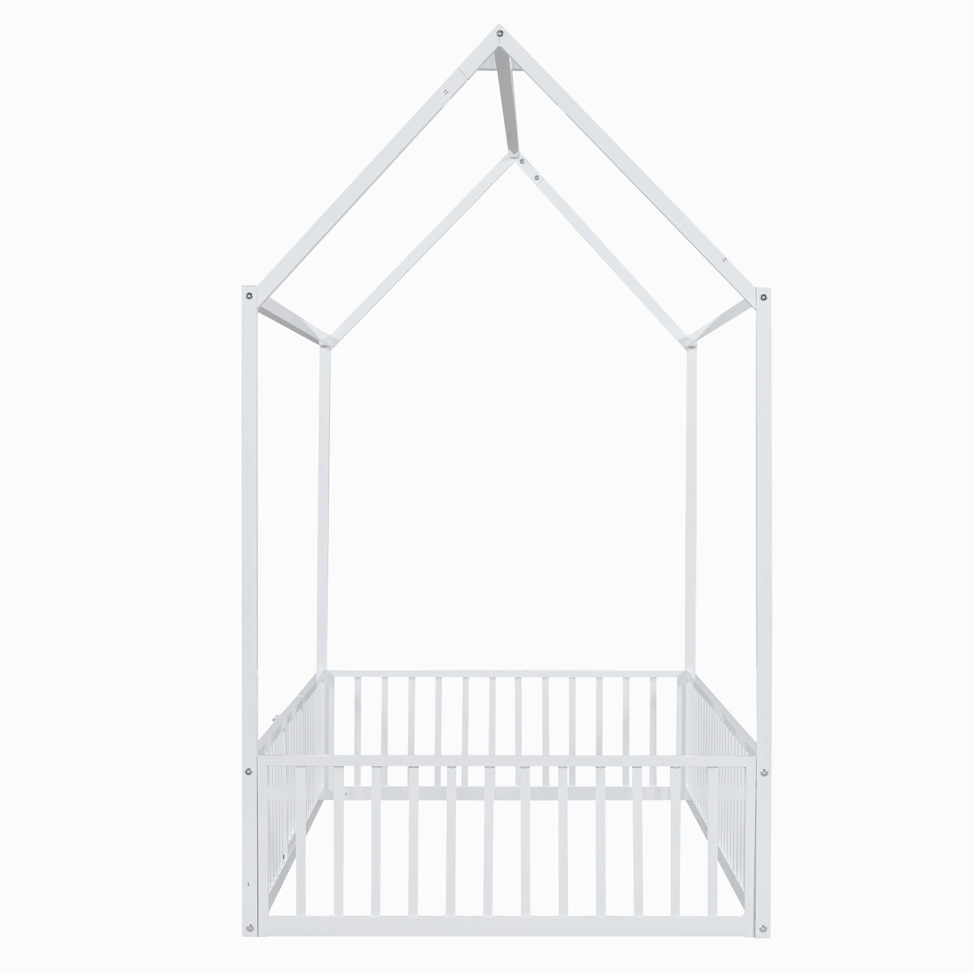 Twin Size Metal House Bed With Fence And Door, White White Metal