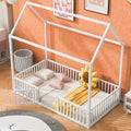 Twin Size Metal House Bed With Fence And Door, White White Metal