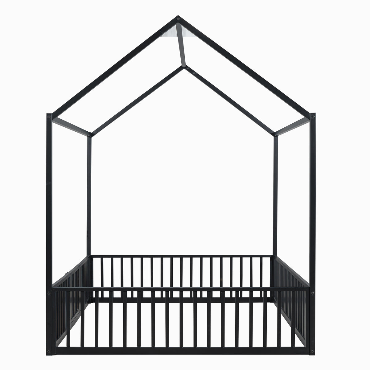 Full Size Metal House Bed With Fence And Door, Black Black Metal