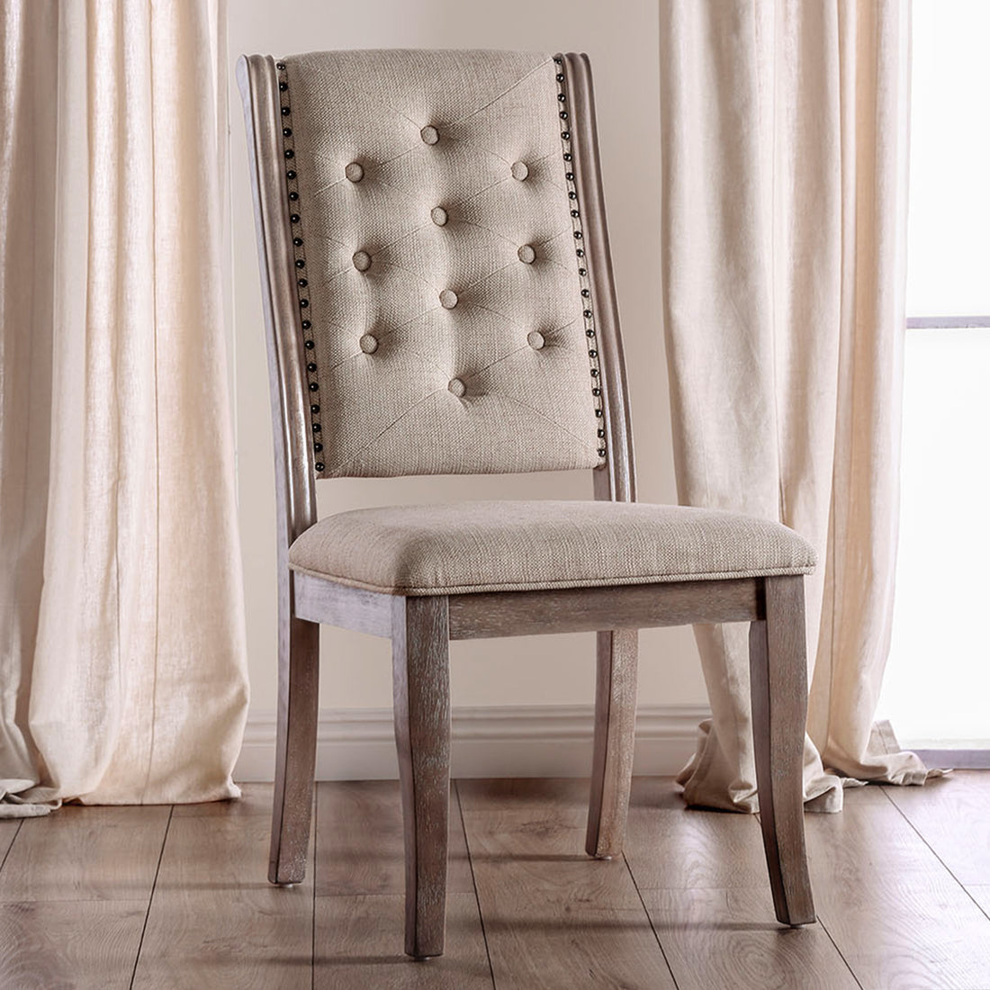 Set Of 2 Beige Upholstered Side Chairs In Rustic Natural Tone Solid Natural Dining Room Dining Chairs Tufted Back Wood Fabric