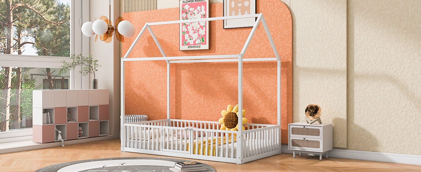 Twin Size Metal House Bed With Fence And Door, White White Metal