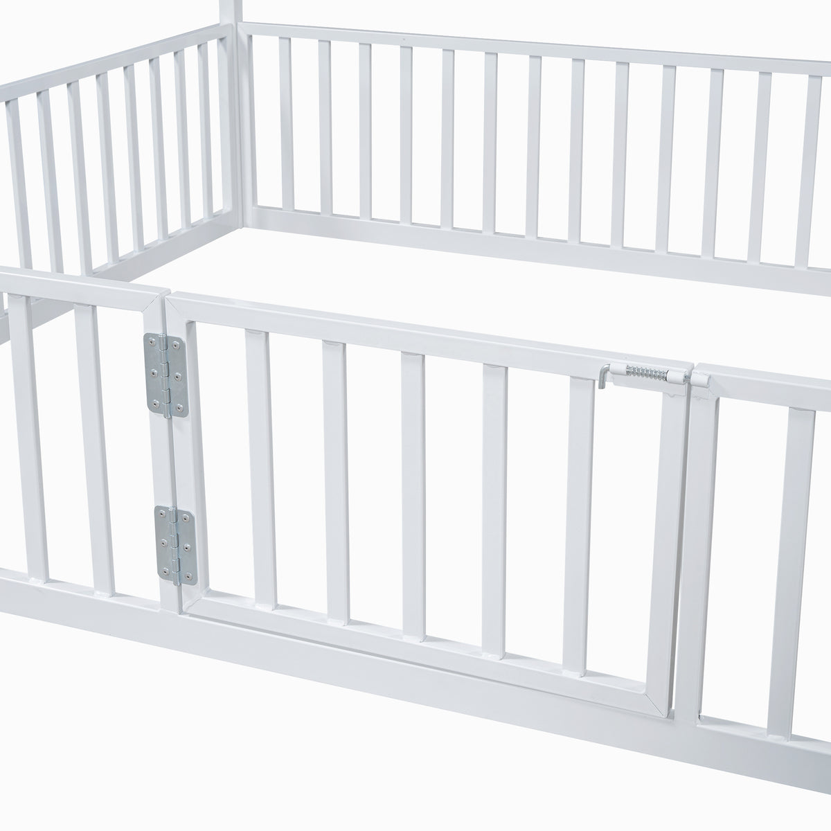 Full Size Metal House Bed With Fence And Door, White White Metal