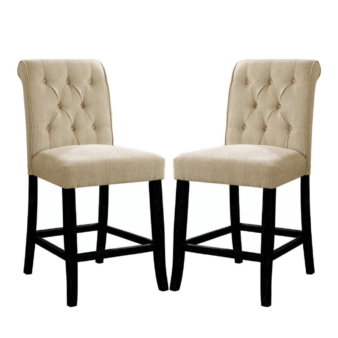 Set Of 2 Padded Chenille Dining Chairs In Beige And Antique Black Solid Antique Black Dining Room Dining Chairs Wood Fabric