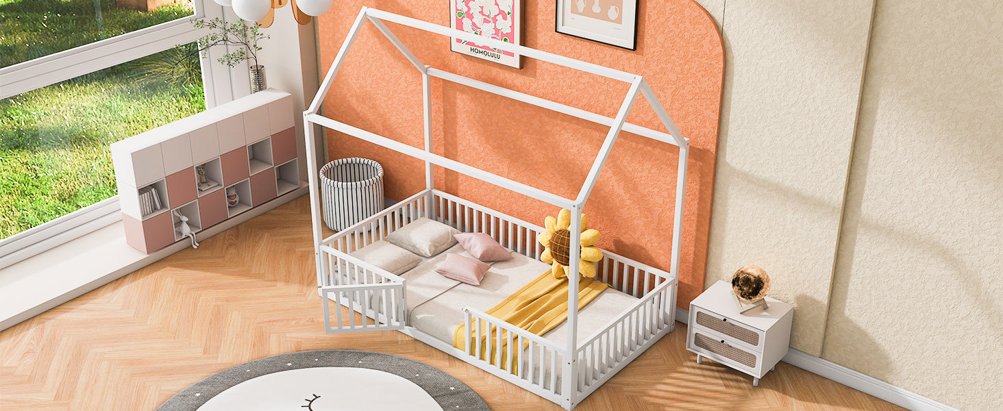 Twin Size Metal House Bed With Fence And Door, White White Metal