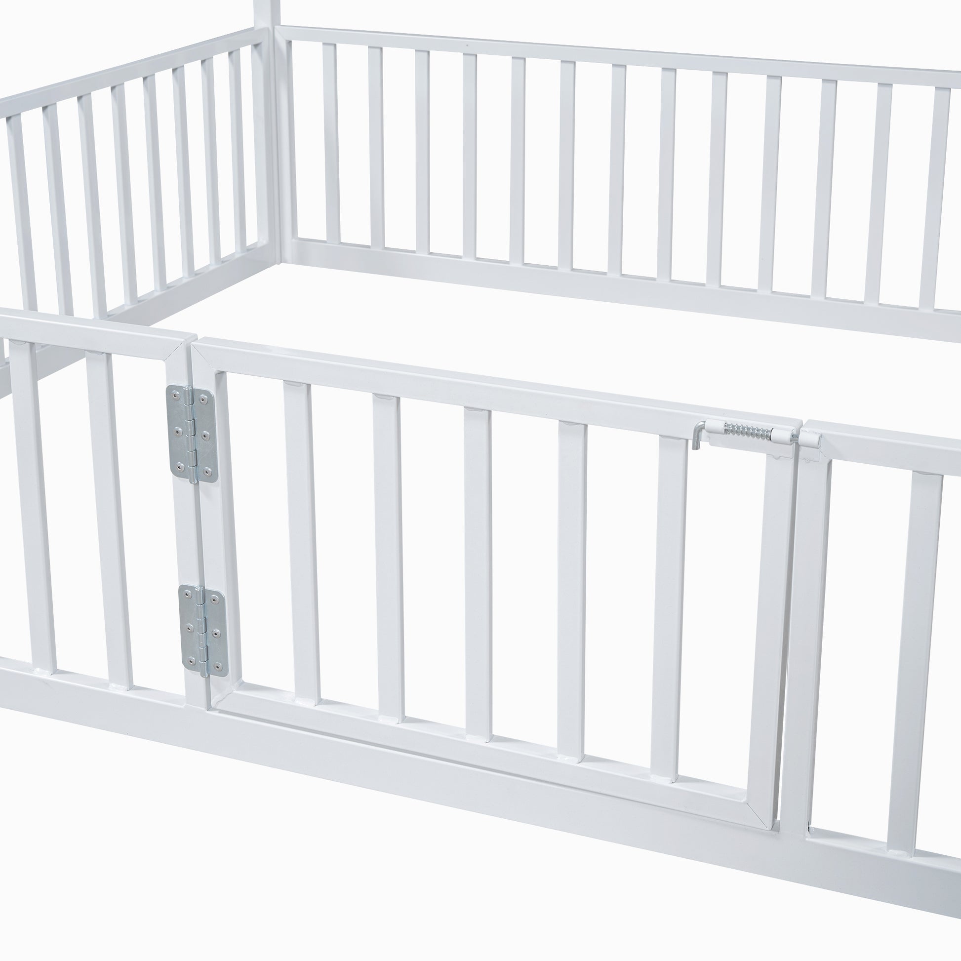 Twin Size Metal House Bed With Fence And Door, White White Metal