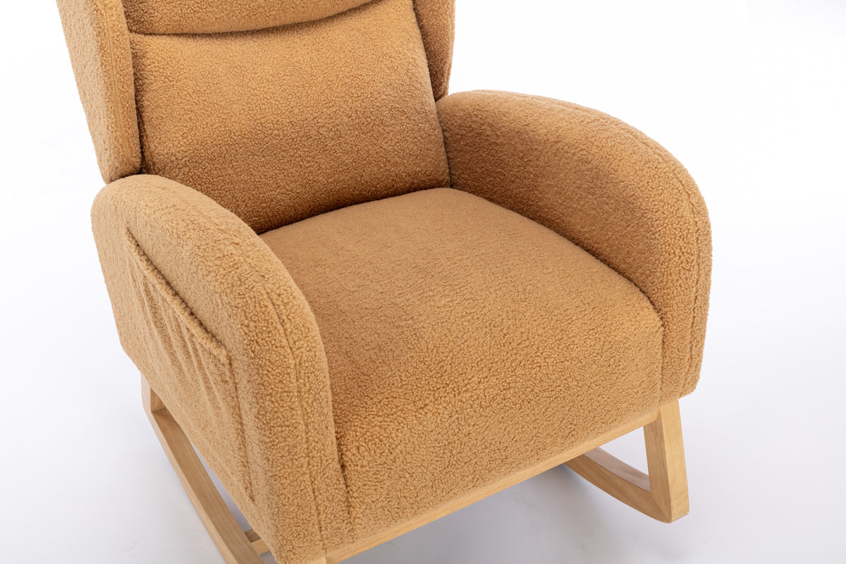 049 Teddy Fabric Rocking Chair With Packet Wood Legs,Khaki Wood Solid Khaki Primary Living Space Foam Wipe Clean Modern Rocking Chairs Eucalyptus Tufted Back Foam Teddy
