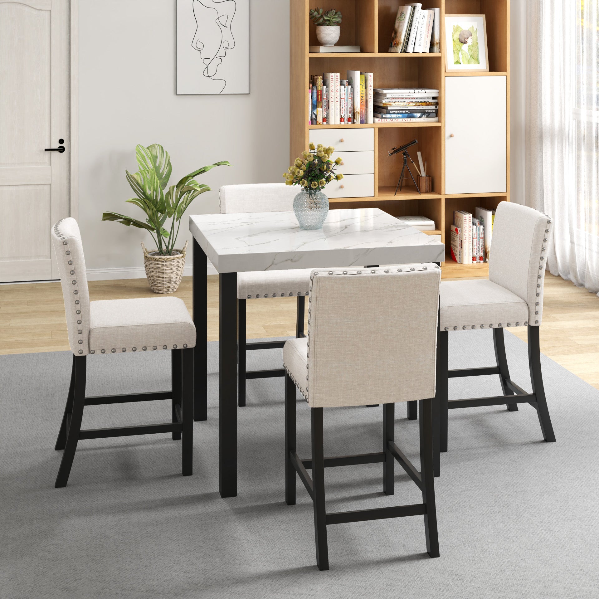 Five Piece Dining Set With Imitation Marble Tabletop, Restaurant Combination Set, Solid Wood Dining Table And 4 Chairs, Space Saving Combination Furniture For Kitchen And Dining Room. Black White Solid Wood Mdf