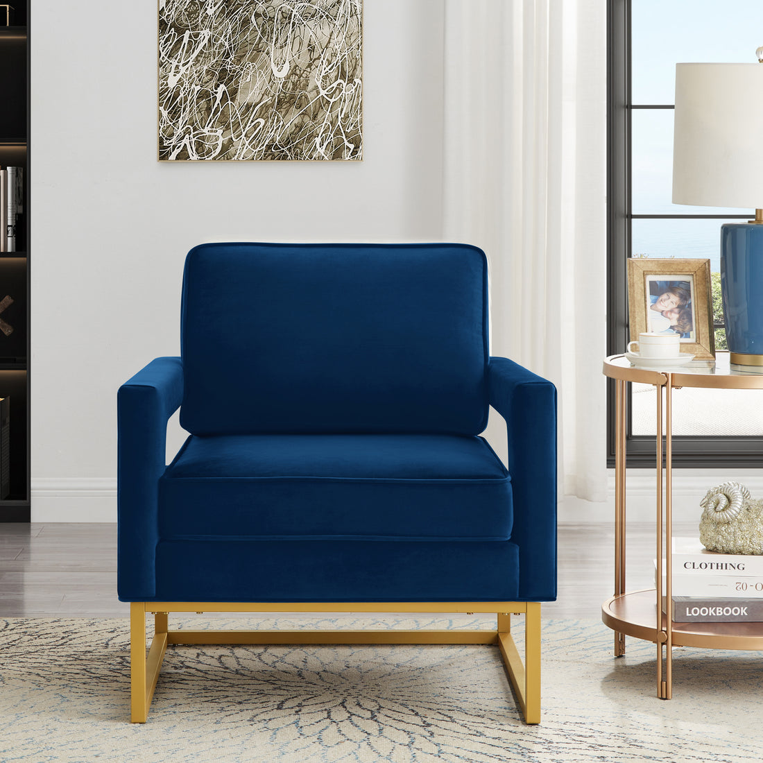 Modern Style Accent Chair With Gold Metal Basevelvet Upholstered Leisure Chair With Open Armrest, Armchair, Navy Navy Primary Living Space Modern Foam Velvet