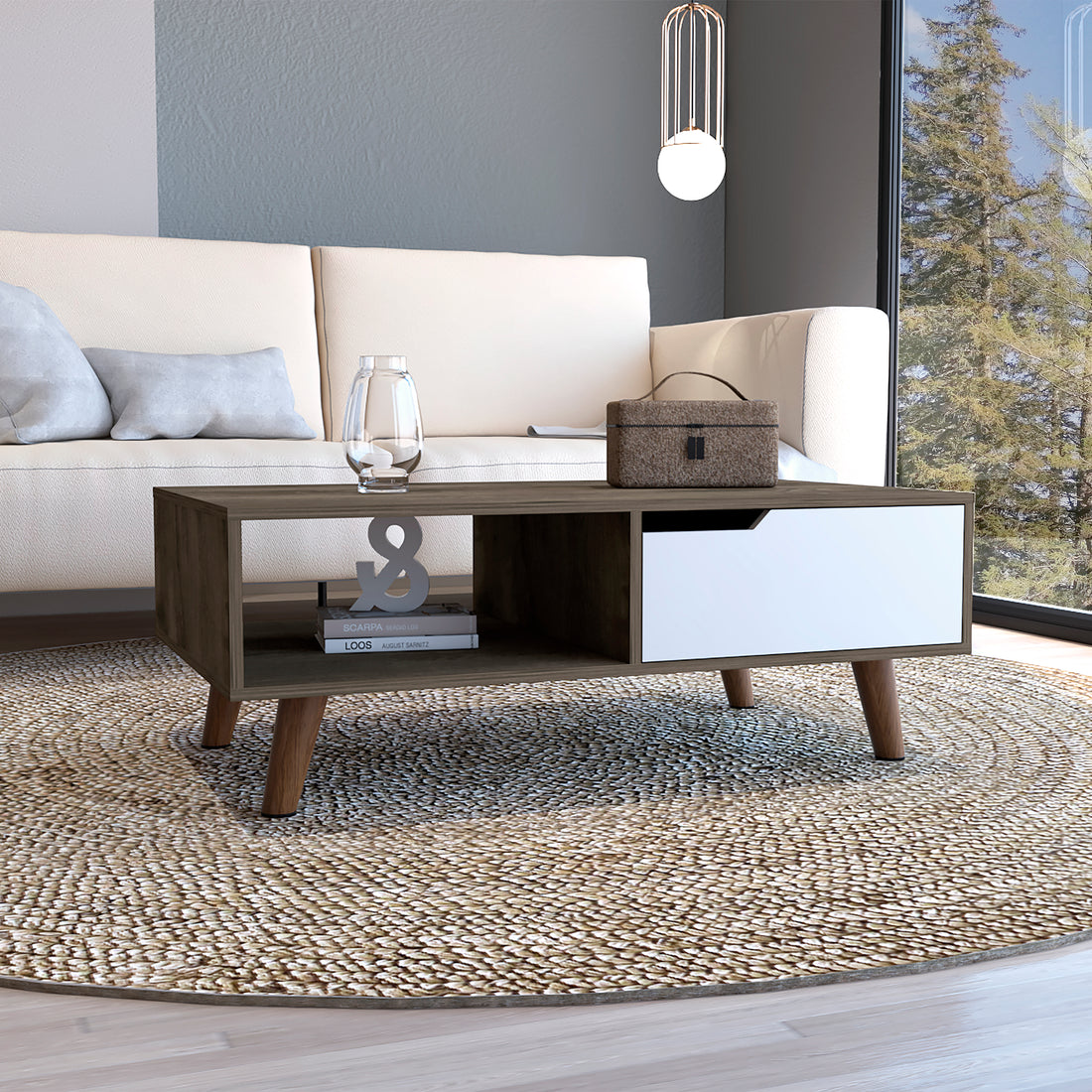 Coffee Table, One Open Shelf, One Drawer, Dark Brown White Multicolor Particle Board Particle Board