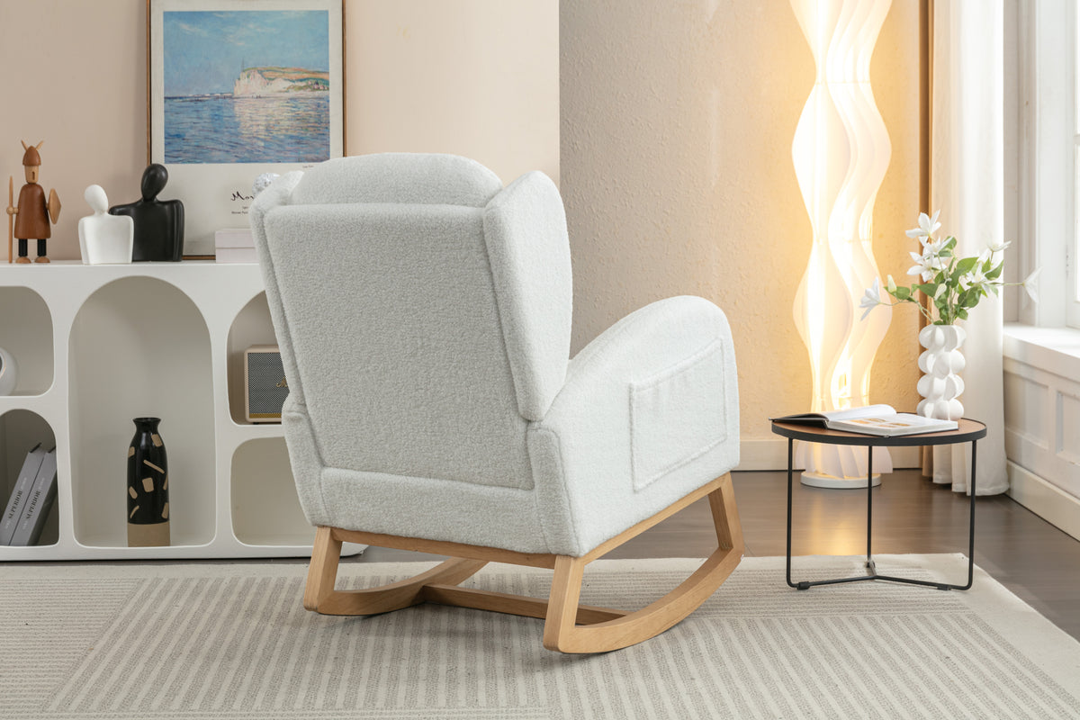 049 Teddy Fabric Rocking Chair With Packet Wood Legs,Ivory Wood Solid Ivory Primary Living Space Foam Wipe Clean Modern Rocking Chairs Eucalyptus Tufted Back Foam Teddy