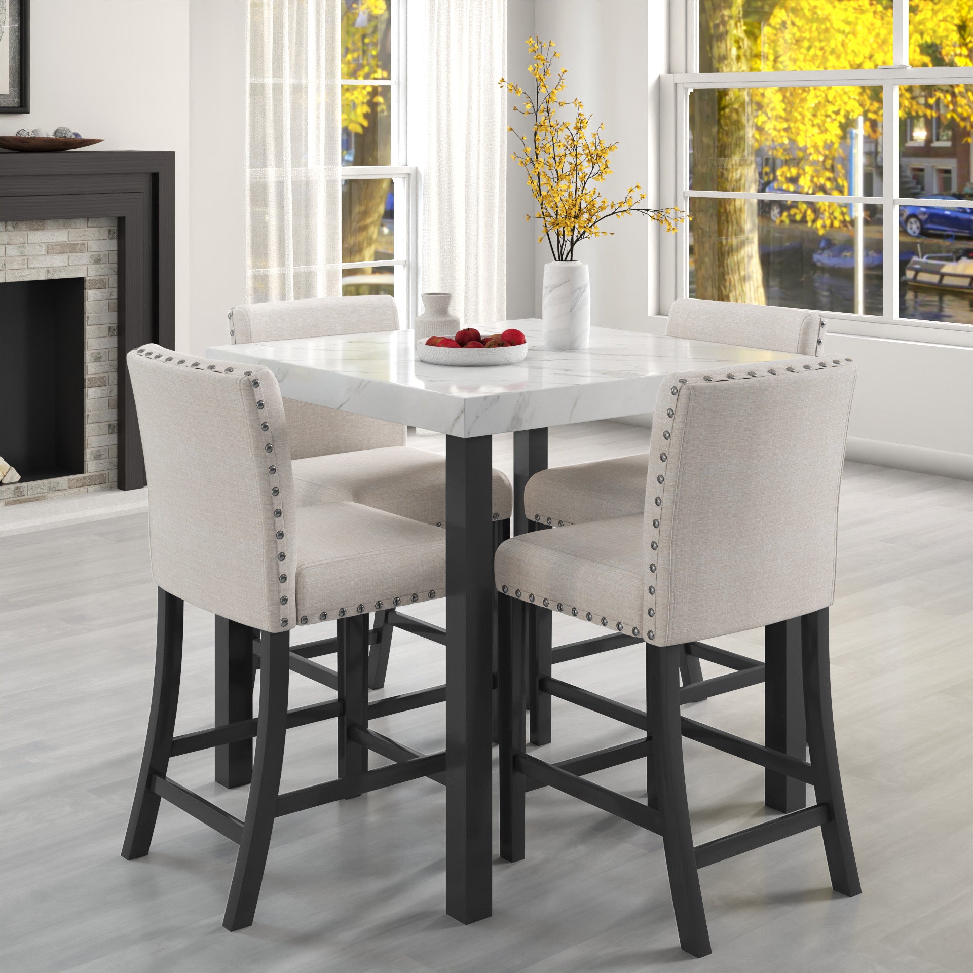 Five Piece Dining Set With Imitation Marble Tabletop, Restaurant Combination Set, Solid Wood Dining Table And 4 Chairs, Space Saving Combination Furniture For Kitchen And Dining Room. Black White Solid Wood Mdf
