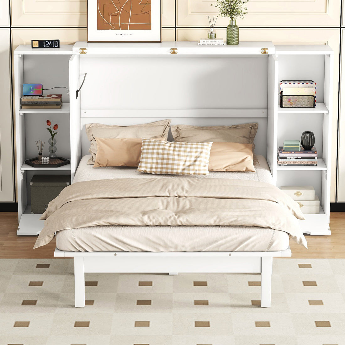 Queen Size Murphy Bed With Shelves, Drawers And Usb Ports,White White Mdf Lvl