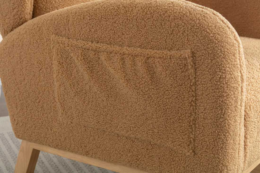 049 Teddy Fabric Rocking Chair With Packet Wood Legs,Khaki Wood Solid Khaki Primary Living Space Foam Wipe Clean Modern Rocking Chairs Eucalyptus Tufted Back Foam Teddy