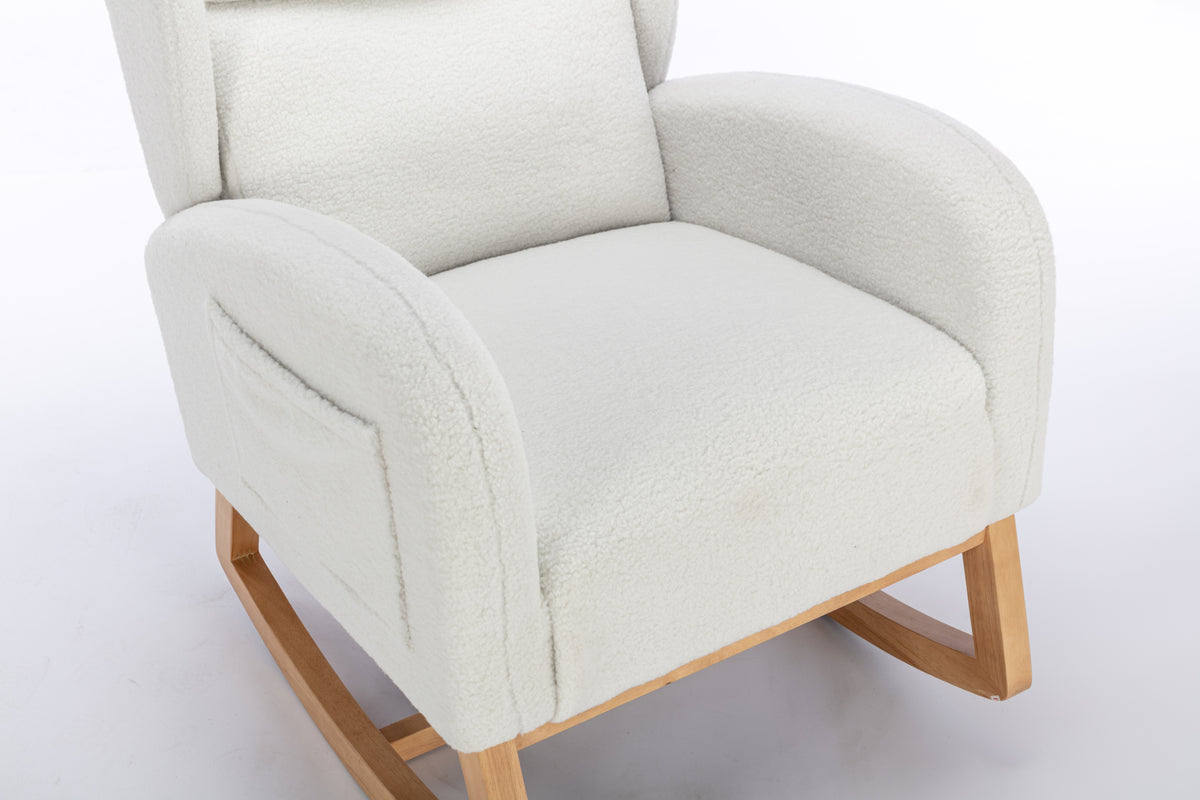 049 Teddy Fabric Rocking Chair With Packet Wood Legs,Ivory Wood Solid Ivory Primary Living Space Foam Wipe Clean Modern Rocking Chairs Eucalyptus Tufted Back Foam Teddy