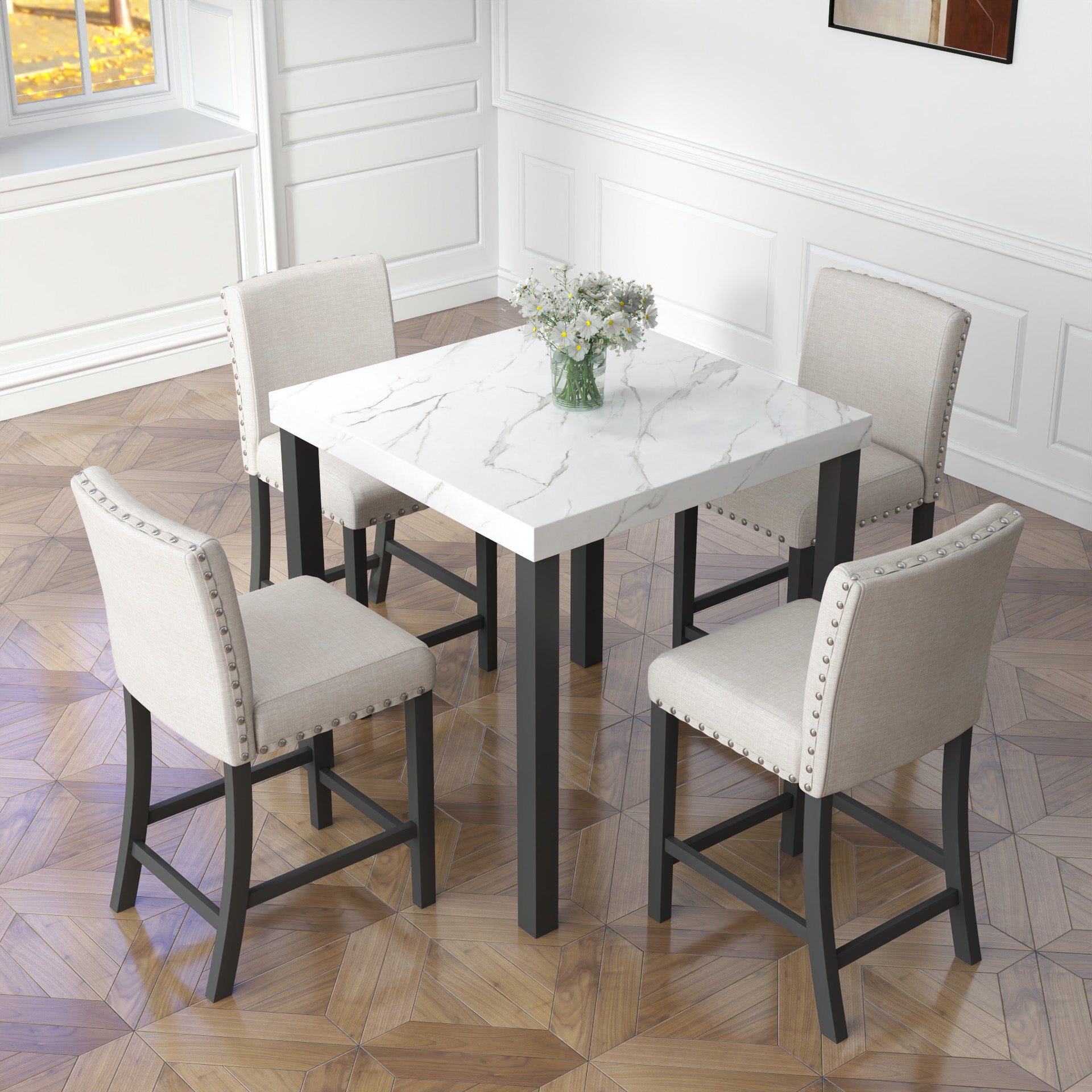 Five Piece Dining Set With Imitation Marble Tabletop, Restaurant Combination Set, Solid Wood Dining Table And 4 Chairs, Space Saving Combination Furniture For Kitchen And Dining Room. Black White Solid Wood Mdf