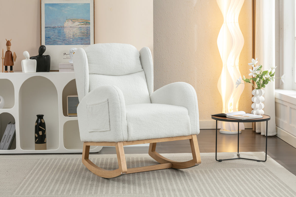 049 Teddy Fabric Rocking Chair With Packet Wood Legs,Ivory Wood Solid Ivory Primary Living Space Foam Wipe Clean Modern Rocking Chairs Eucalyptus Tufted Back Foam Teddy