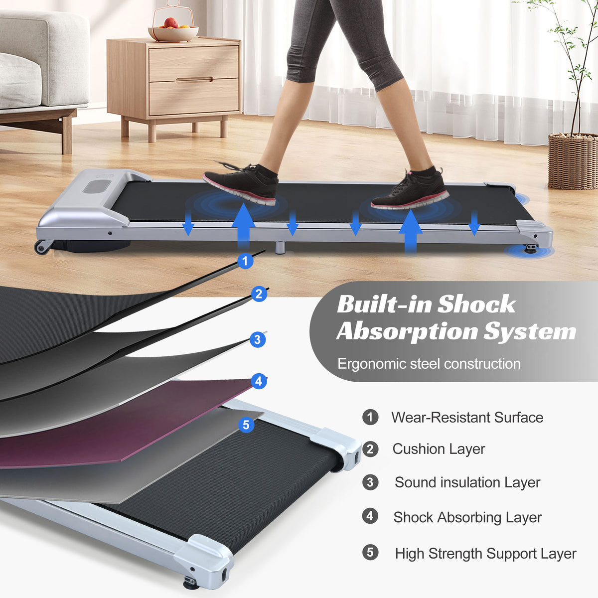 2 In 1 Under Desk Electric Treadmill 2.5Hp, Remote Control, Display, Walking Jogging Running Machine Fitness Equipment For Home Gym Office Silver Metal