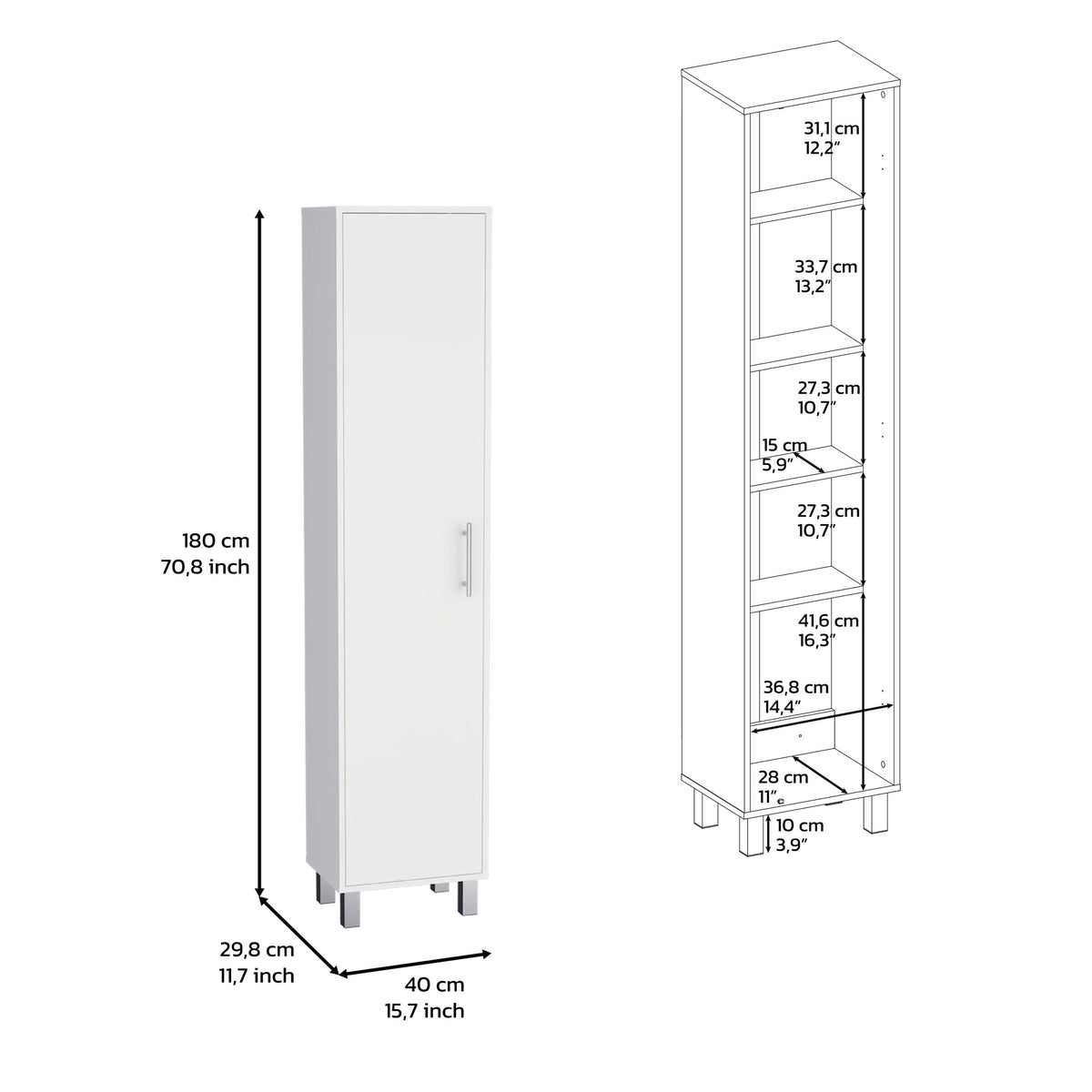 Storage Cabinet 71" H, Five Internal Shelves, Three Broom Hangers, White White Particle Board Particle Board