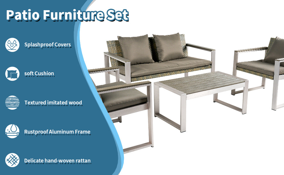 Aluminum And Rattan Modern 4 Piece Sofa Seating Group For Patio Garden Outdoor Yes Complete Patio Set Gray Silver Mildew Resistant Frame Fade Resistant Cushion Garden & Outdoor Modern Complete Patio Sets Aluminium Aluminium