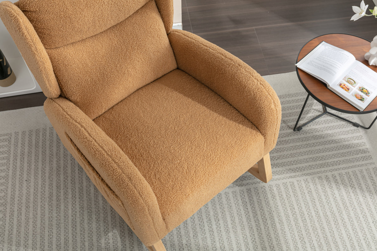 049 Teddy Fabric Rocking Chair With Packet Wood Legs,Khaki Wood Solid Khaki Primary Living Space Foam Wipe Clean Modern Rocking Chairs Eucalyptus Tufted Back Foam Teddy