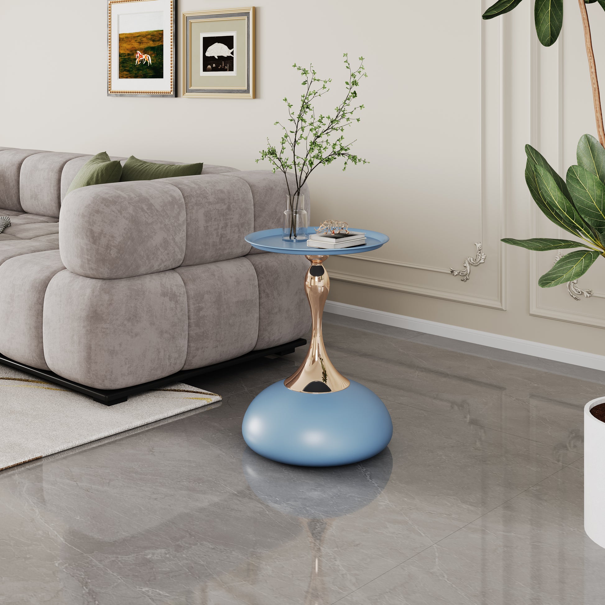 Luxury Design Iron End Table, Minimalist Round Side Table For Small Space Blue Iron