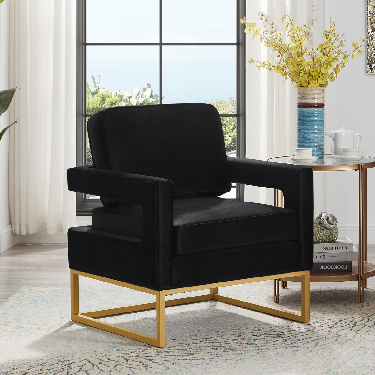 Modern Style Accent Chair With Gold Metal Basevelvet Upholstered Leisure Chair With Open Armrest, Armchair, Black Black Primary Living Space Modern Foam Velvet