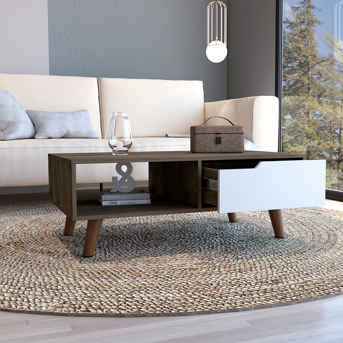 Coffee Table, One Open Shelf, One Drawer, Dark Brown White Multicolor Particle Board Particle Board