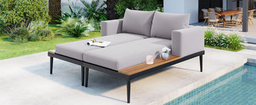 Modern Outdoor Daybed Patio Metal Daybed With Wood Topped Side Spaces For Drinks, 2 In 1 Padded Chaise Lounges For Poolside, Balcony, Deck, Gray Yes Lounge Gray Weather Resistant Frame Fade