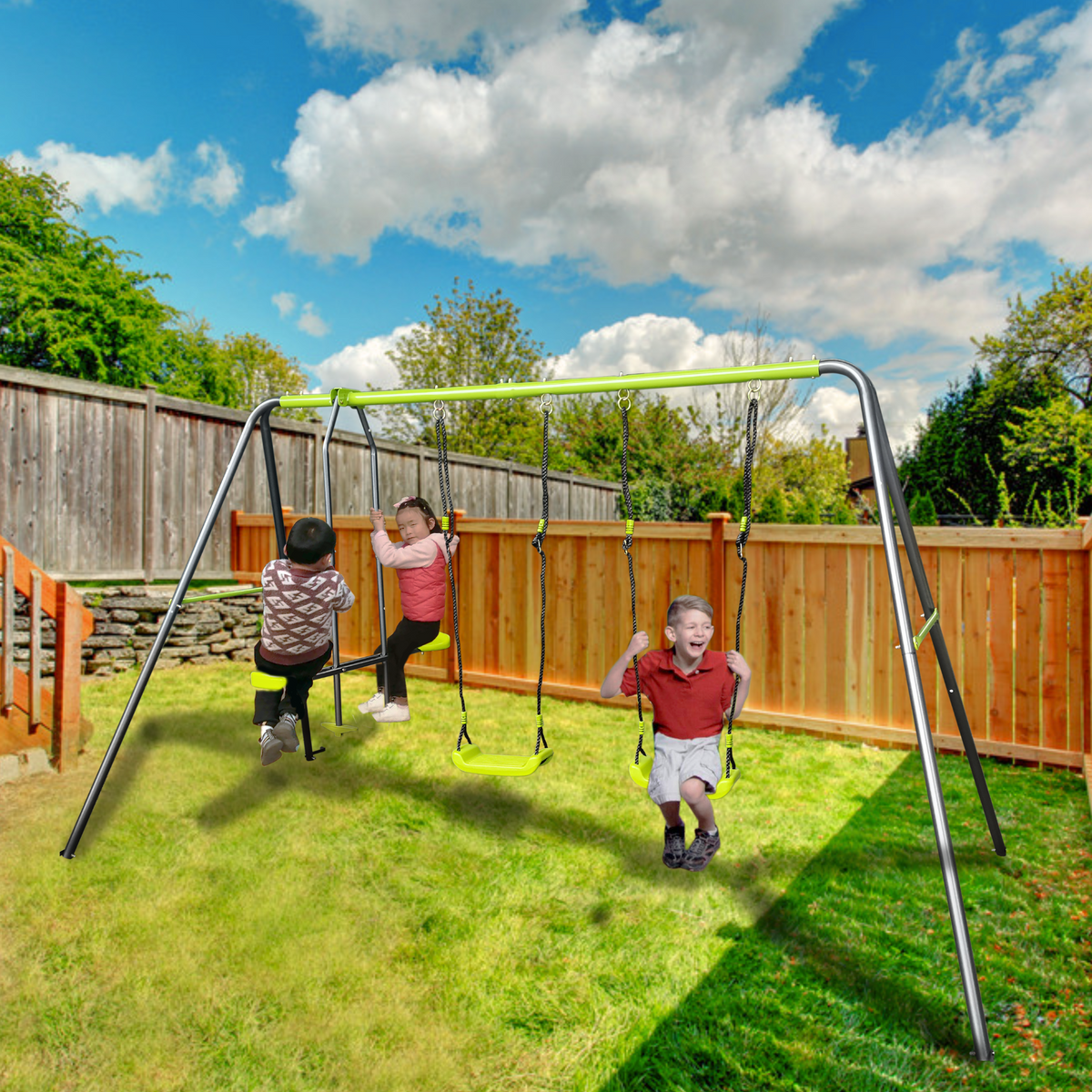 Xns081 Lime Green Interesting Swingset With Plastic Safe Swing Set 440Lbs For Outdoor Playground For Age 3 With Face To Face Without Tee Lime Green Steel