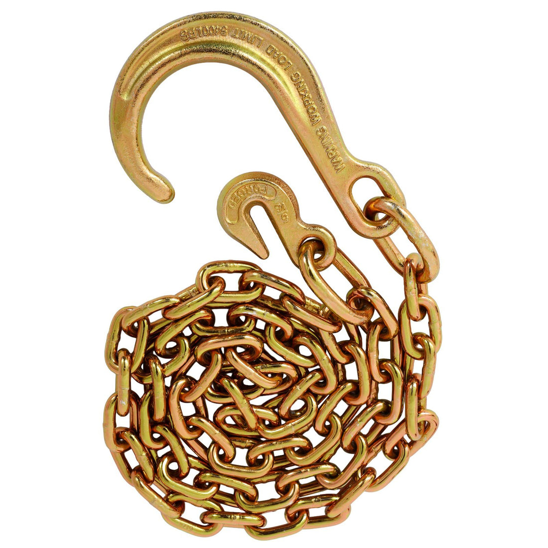 Tow Chain With 8 Inch Forged J Hook And Grab Hook Grade 70 Chain 6 Foot 4,700 Pound Safe Working Load Gold Steel