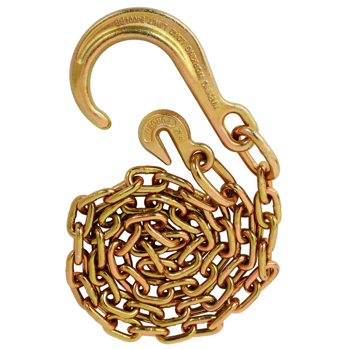 Tow Chain With 8 Inch Forged J Hook And Grab Hook Grade 70 Chain 6 Foot 4,700 Pound Safe Working Load Gold Steel