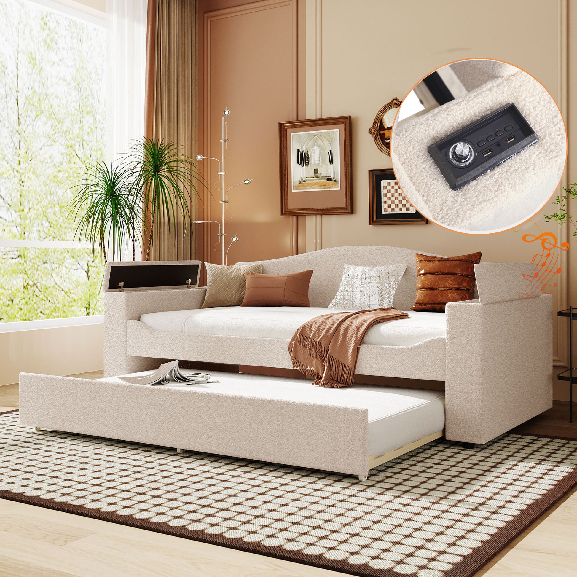 Twin Size Upholstered Daybed With Storage Armrests, Trundle And Latest Integrated Bluetooth Audio System, Teddy Fleece, Beige Beige Fleece