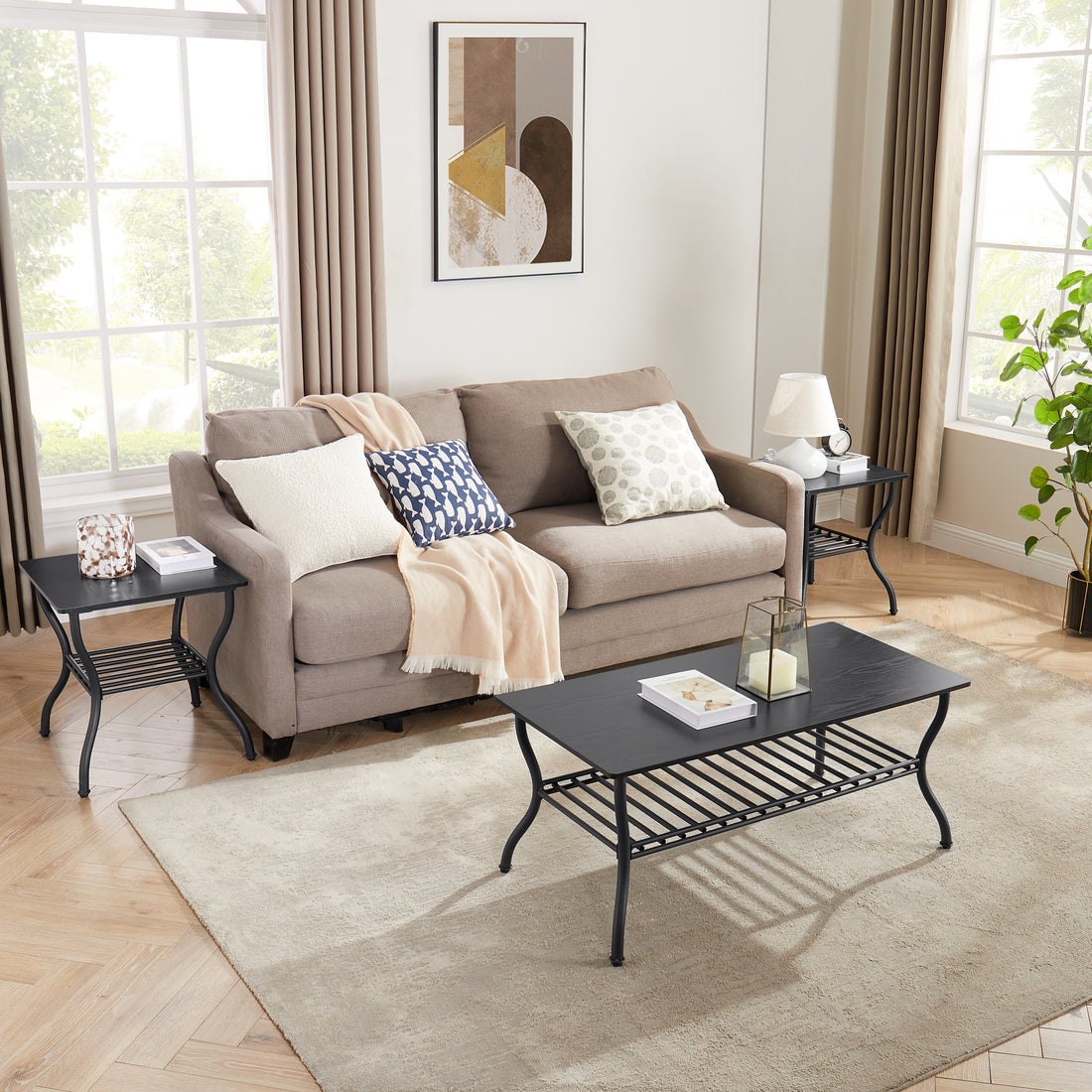 Modern Style 3 Piece Coffee Table Set Rectangle Coffee Table With 2 Square End Side Table Retro Design Coffee Table With Sturdy Base For Living Room Decor Black Black Primary Living Space American Design,Retro Rectangular Coffee & End Tables Metal & Wood