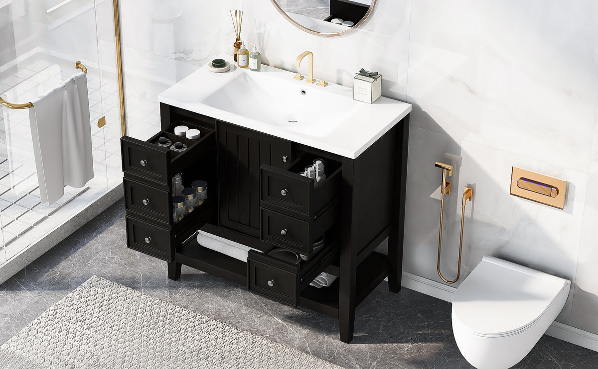 36" Bathroom Vanity With Sink Combo, One Cabinet And Three Drawers, Solid Wood And Mdf Board, Black Black Solid Wood Mdf