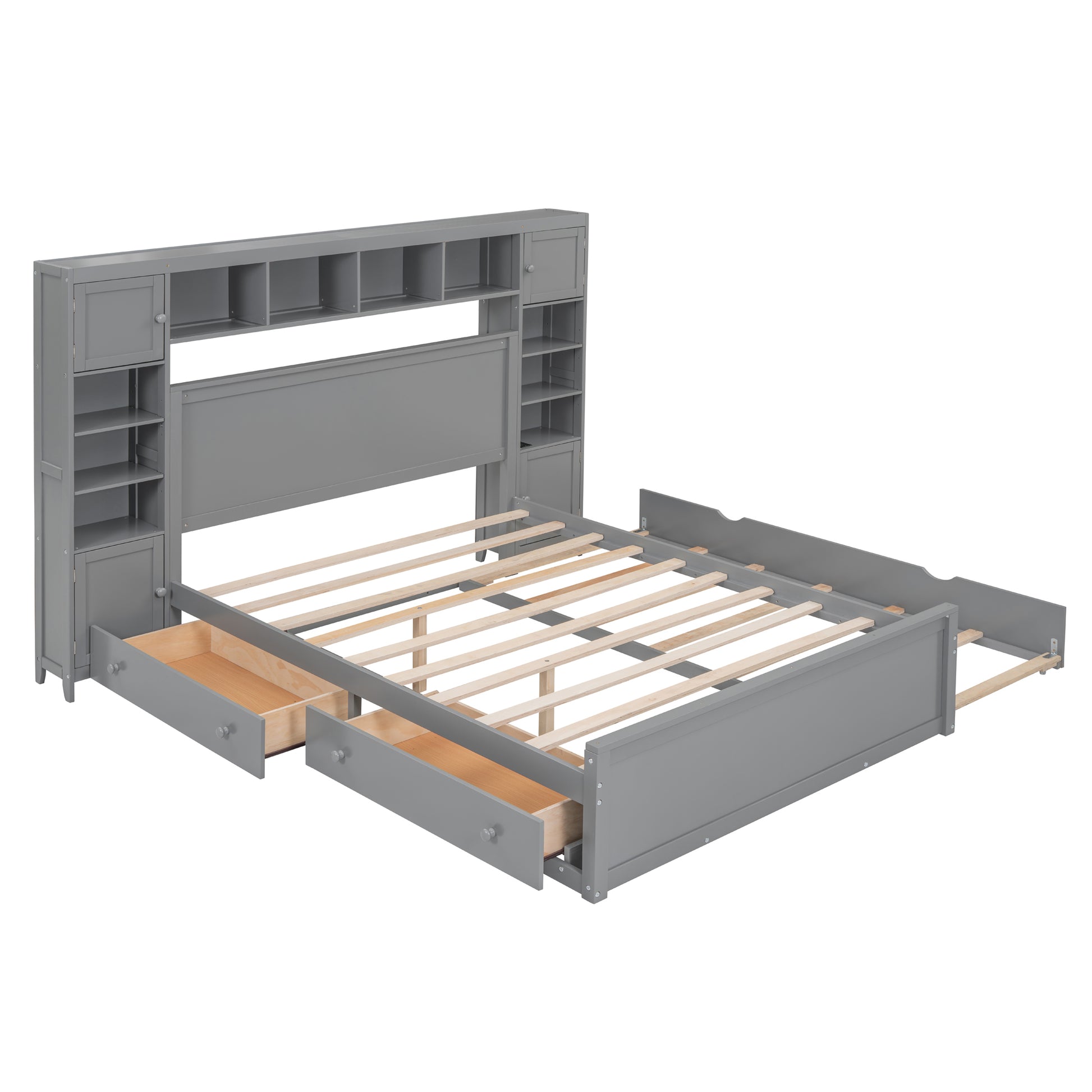Queen Size Wooden Bed With All In One Cabinet, Shelf And Sockets,Twin Xl Trundle, Gray Queen Gray Solid Wood