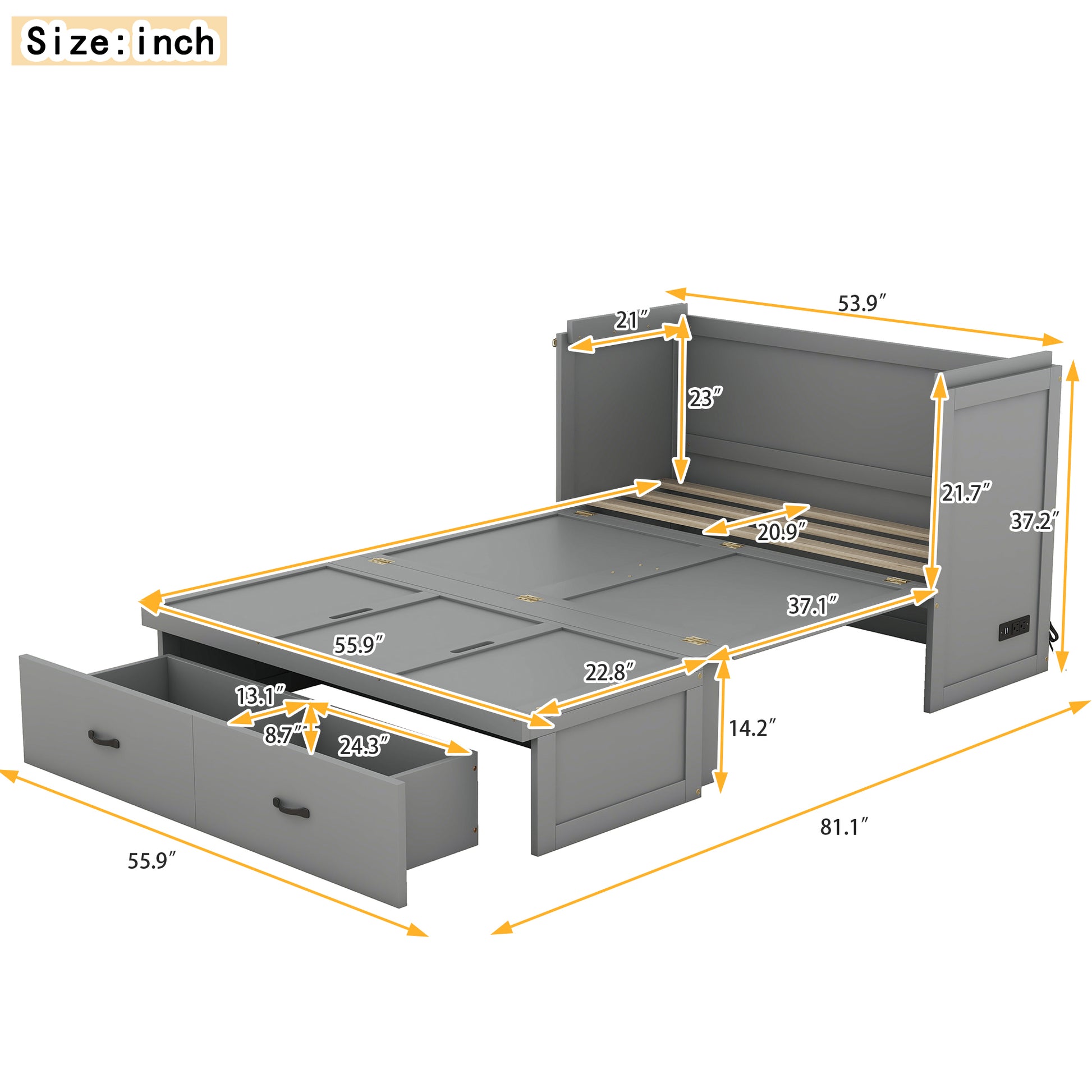 Full Size Murphy Bed With Usb Port And A Large Drawer, Gray Gray Solid Wood Mdf