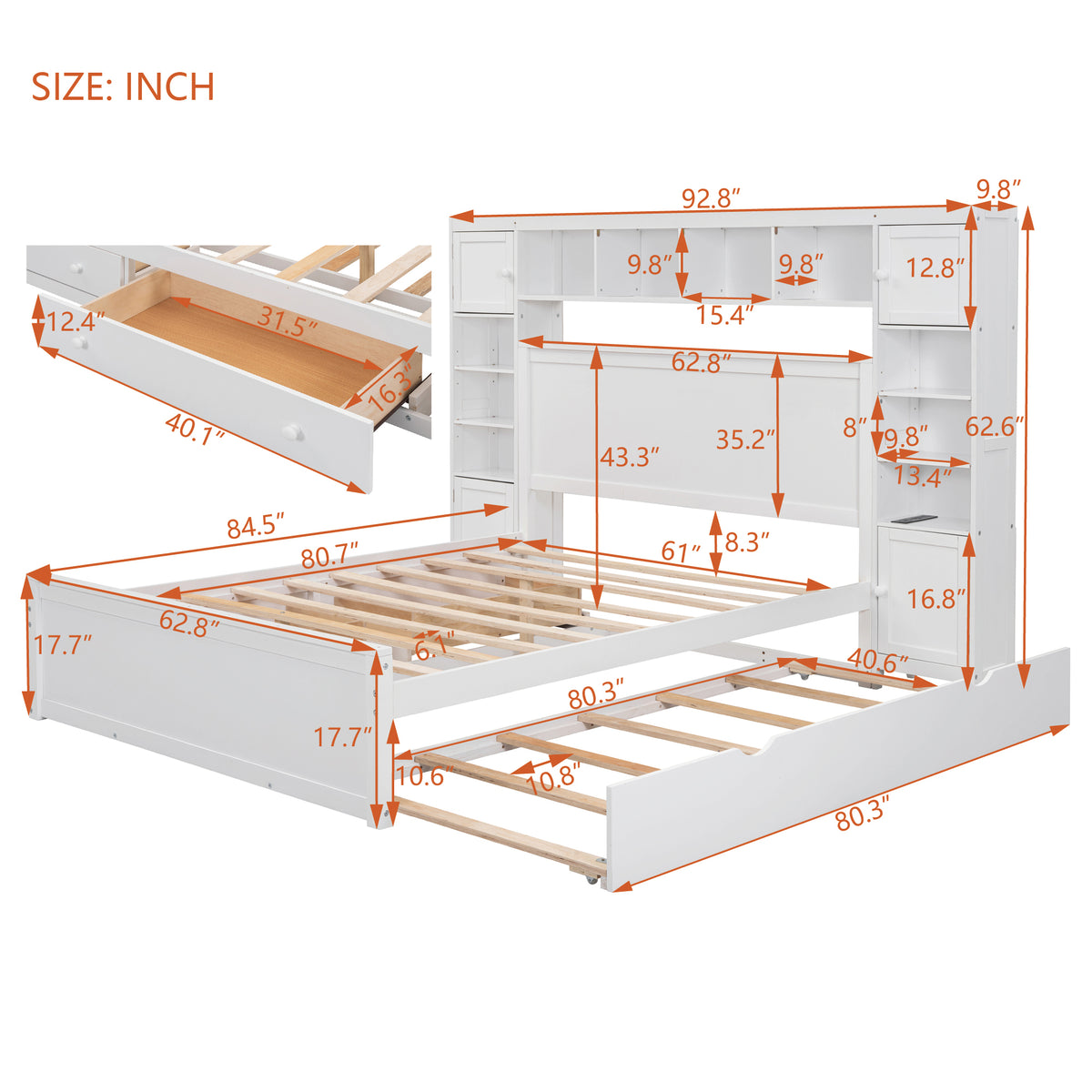 Queen Size Wooden Bed With All In One Cabinet, Shelf And Sockets,Twin Xl Trundle,White Queen White Solid Wood