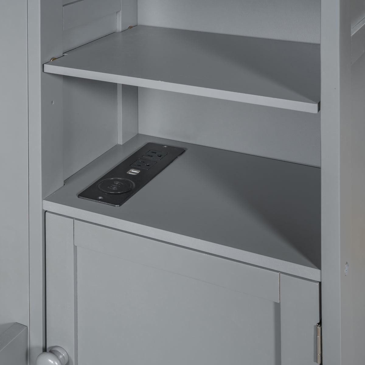 Queen Size Wooden Bed With All In One Cabinet, Shelf And Sockets, Gray Gray Solid Wood