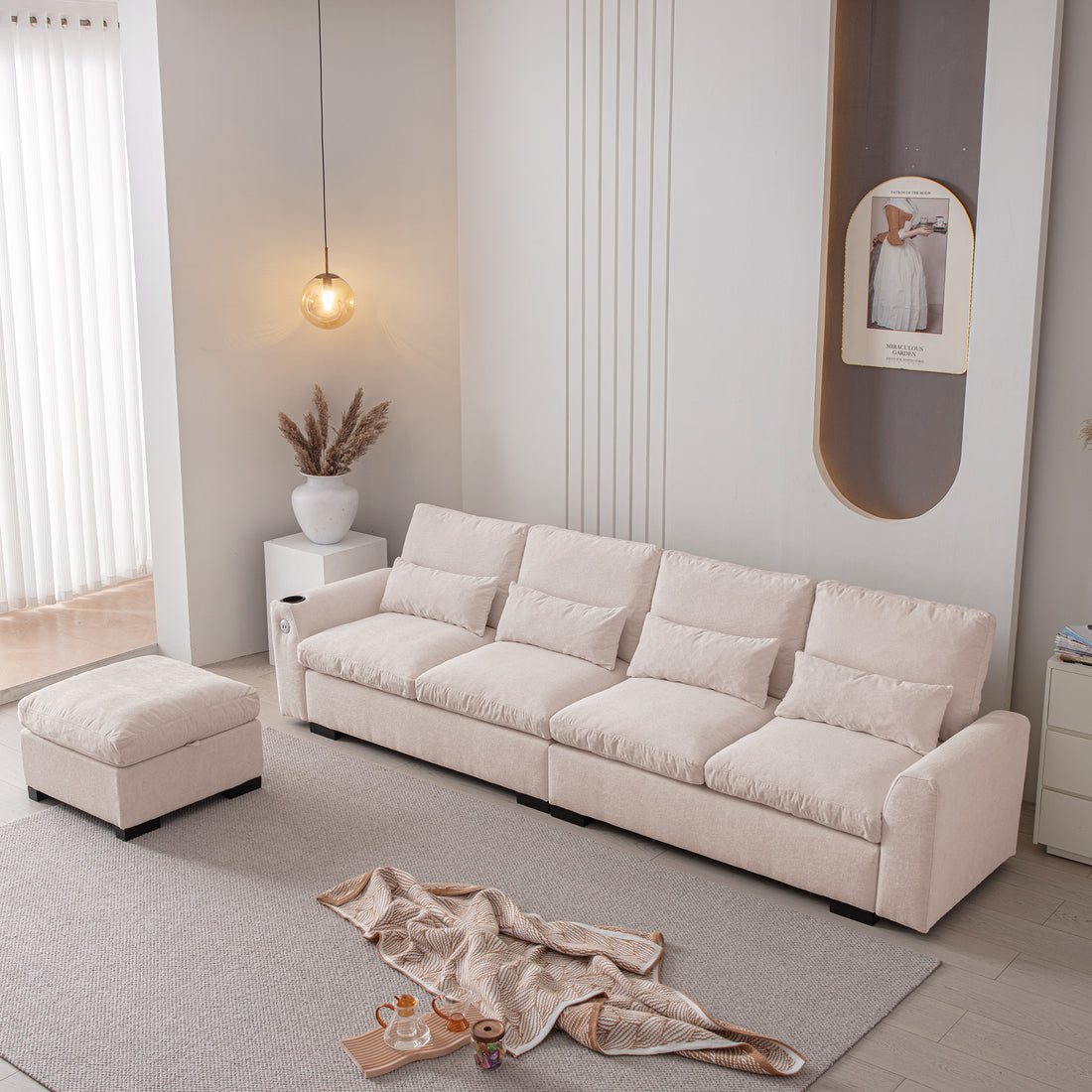 114.5"Modern Modular L Shaped Chenille Sofa Couch Reversible Ottoman With Storage Removable And Washable Cushions Sofa With Usb Ports & Cup Holder For Living Room Beige Modern Foam Chenille
